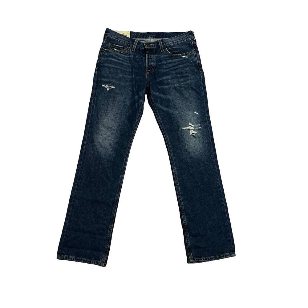 Hollister Men’s Distressed The Hollister Slim Straight Dark Blue Wash Denim Jean